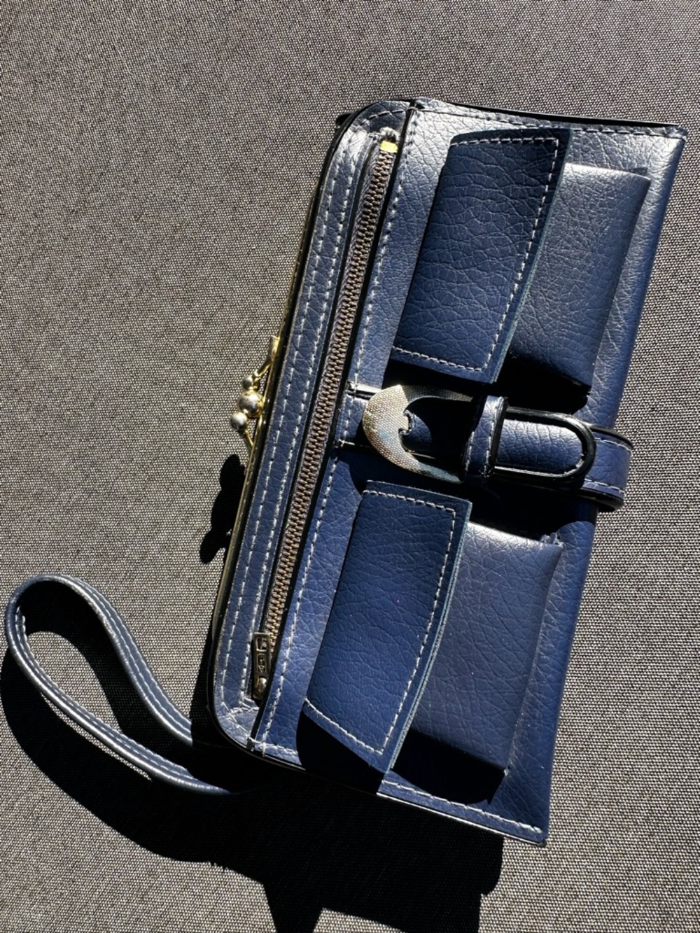 NWOT Navy Blue Leather Wristlet Wallet Clutch with Buckle Accent